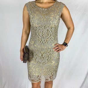 Badgley Mischka Gold and Champagne Crochet Lace Sheath Dress